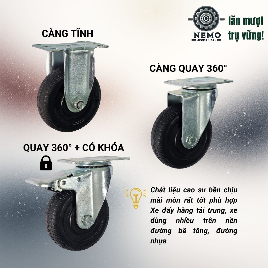 Bánh Xe Cao Su Chịu Mài Mòn – Vân Nhám Chống Trượt (D75, D100)